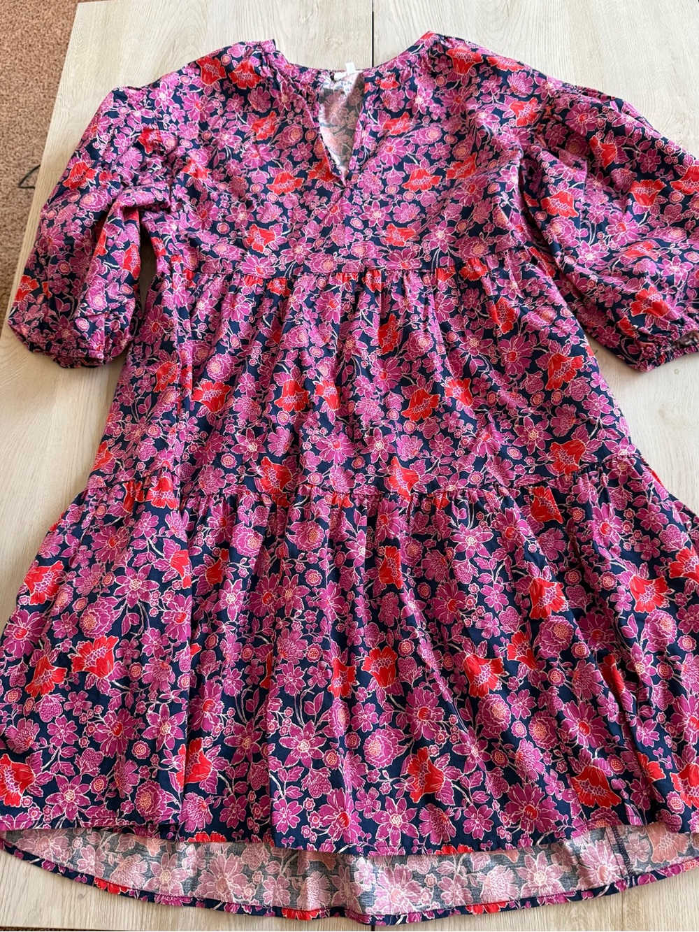 Sundry Pink & Red Floral Tiered Casual Dress